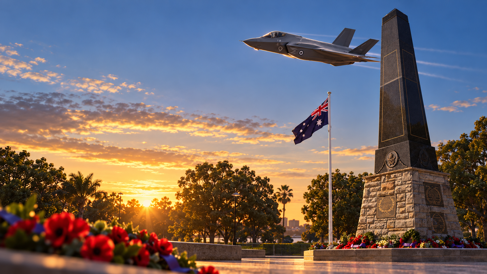 Artist’s impression of an F-35A Lightning II flying over Newcastle at dawn